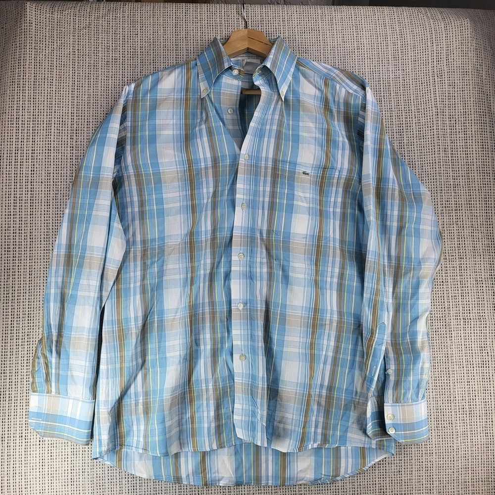 Lacoste Shirt Mens Large 42 Blue Brown Plaid Button Down Made‎ In France Classic